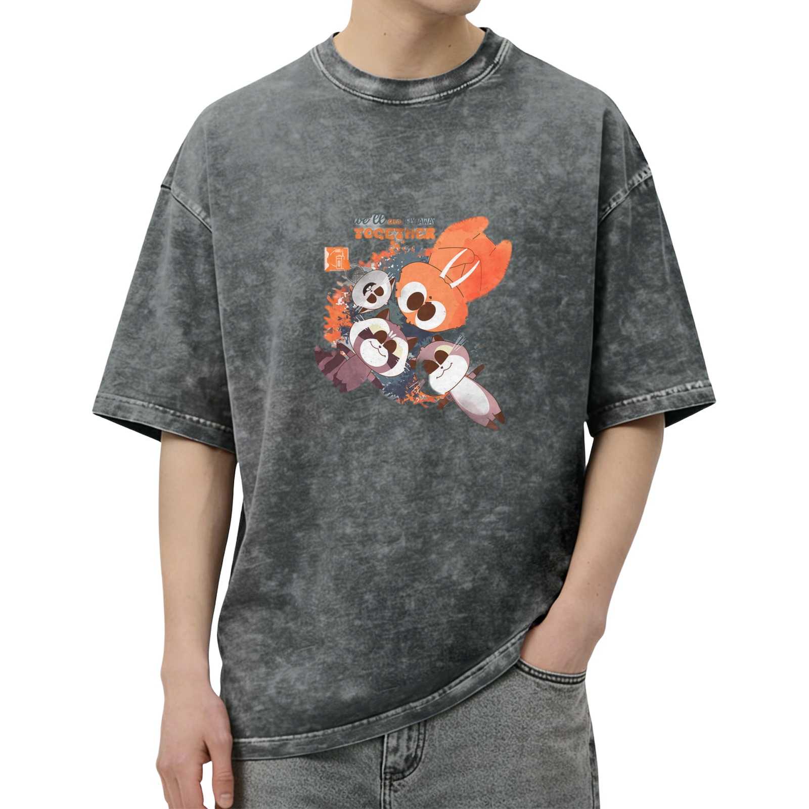 Washed Black Cartoon Animal Graphic Oversized T-shirt