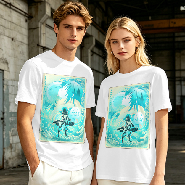 Anime character water design graphic dark green t-shirt