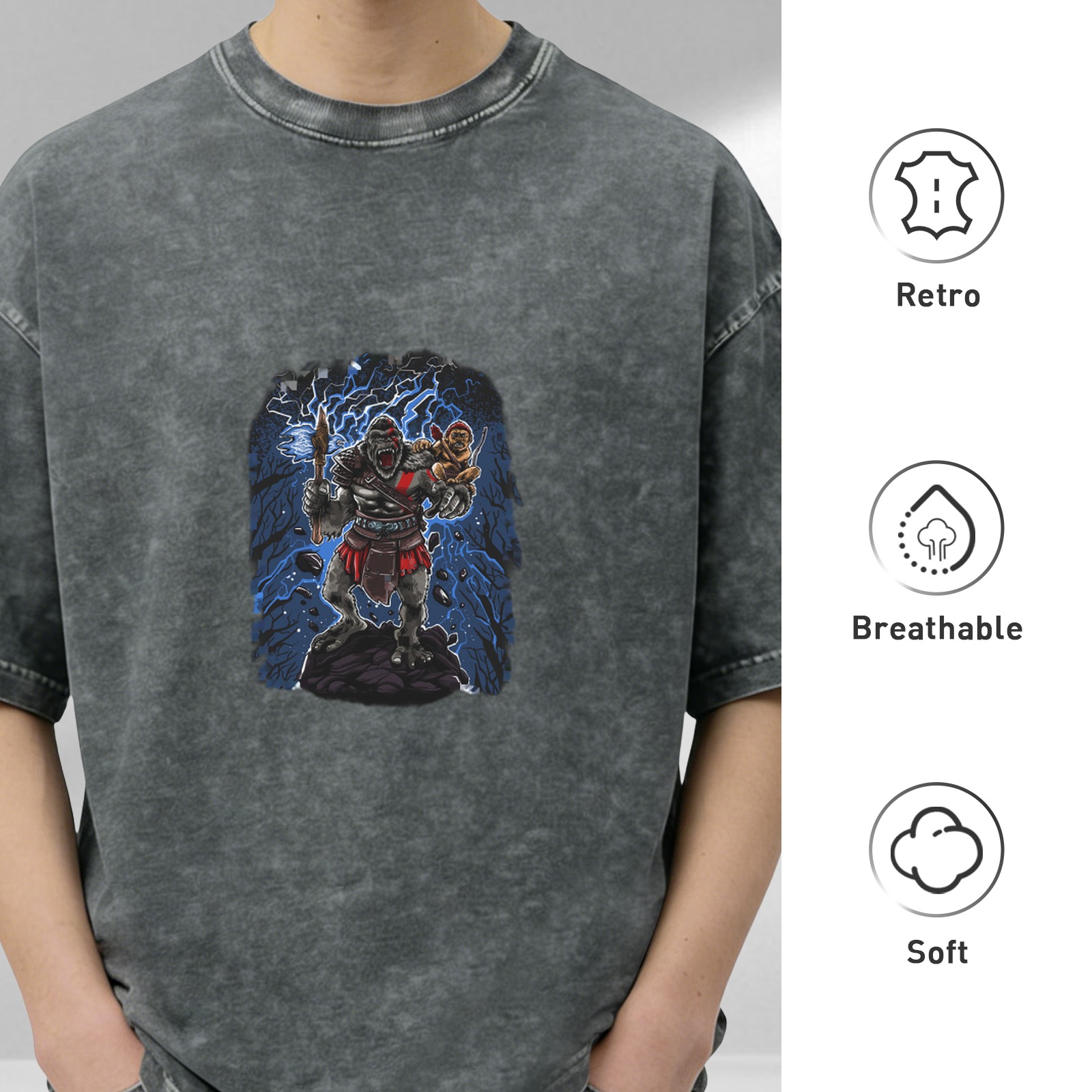 Washed black oversized t-shirt with gorilla warrior graphic print