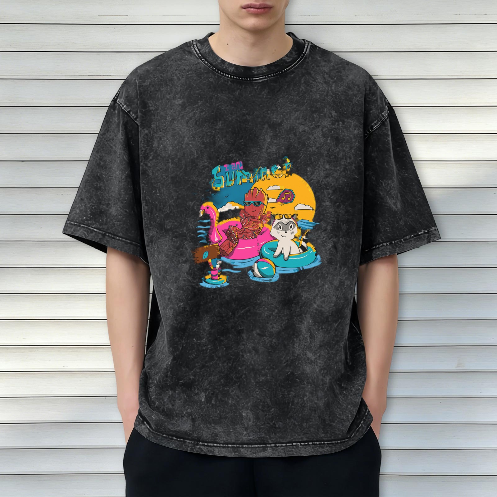 Washed Black Summer Pool Party Graphic T-Shirt with Cartoon Characters