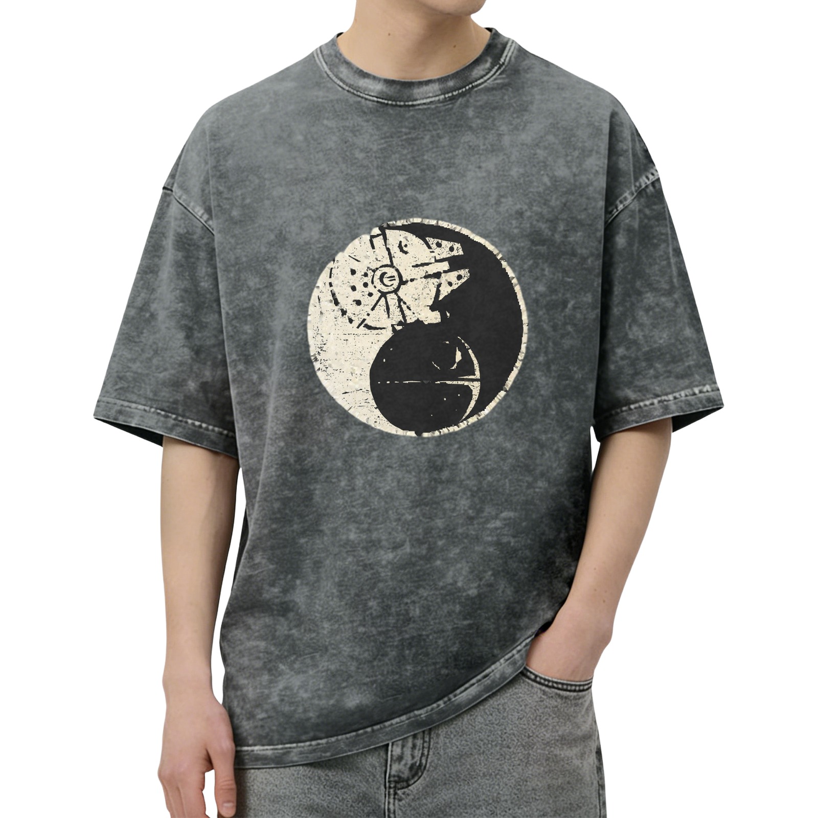 Star Wars Yin Yang Graphic Acid Wash T-Shirt, Oversized Short Sleeve Crew Neck Tee, Casual Streetwear Top