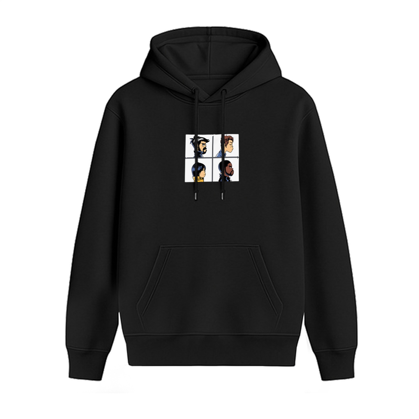 Black Hoodie With Four Character Profile Grid Artwork