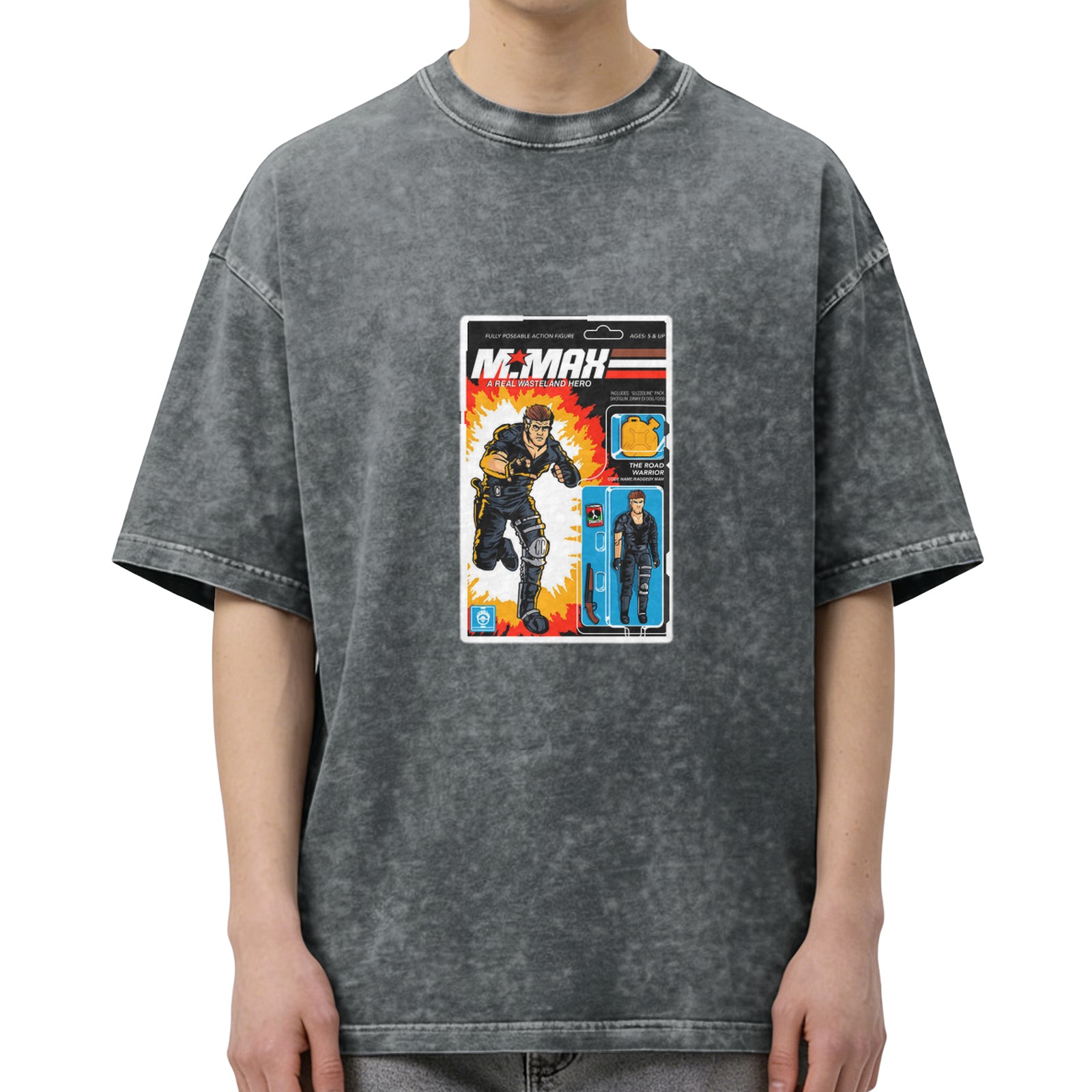 Washed Black T-Shirt with Retro Mr. Max Action Figure Graphic
