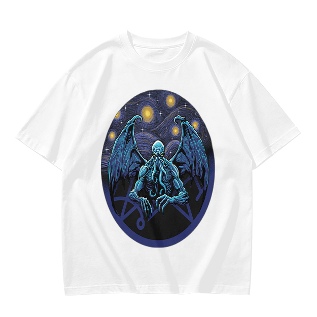 Olive T-Shirt with Cthulhu Starry Night Graphic Print