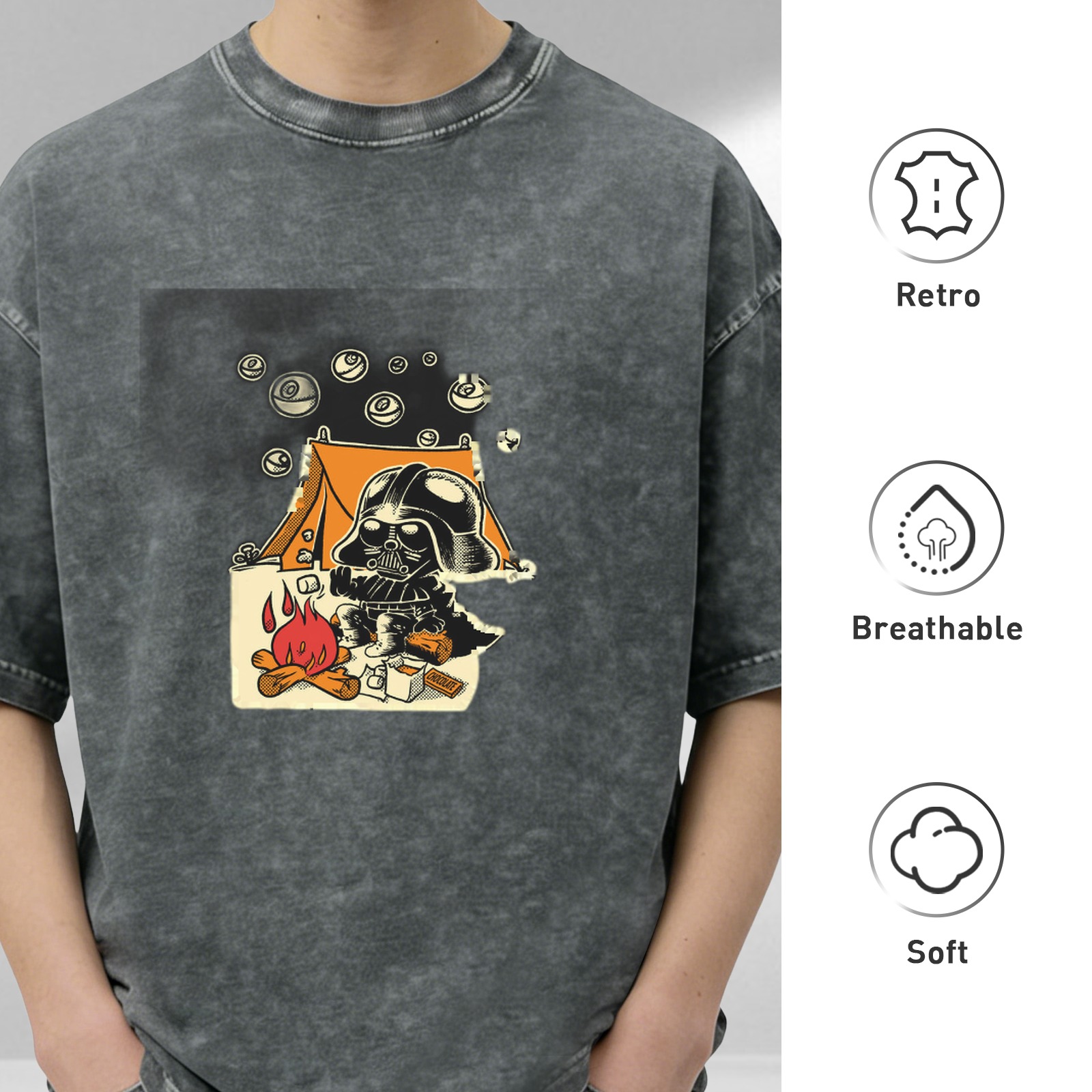 Oversized dark wash t-shirt with cartoon Darth Vader camping graphic