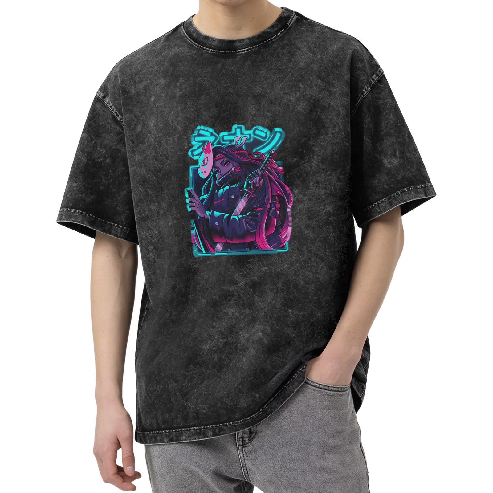 Oversized Acid Wash T-Shirt With Neon Anime Samurai Graphic
