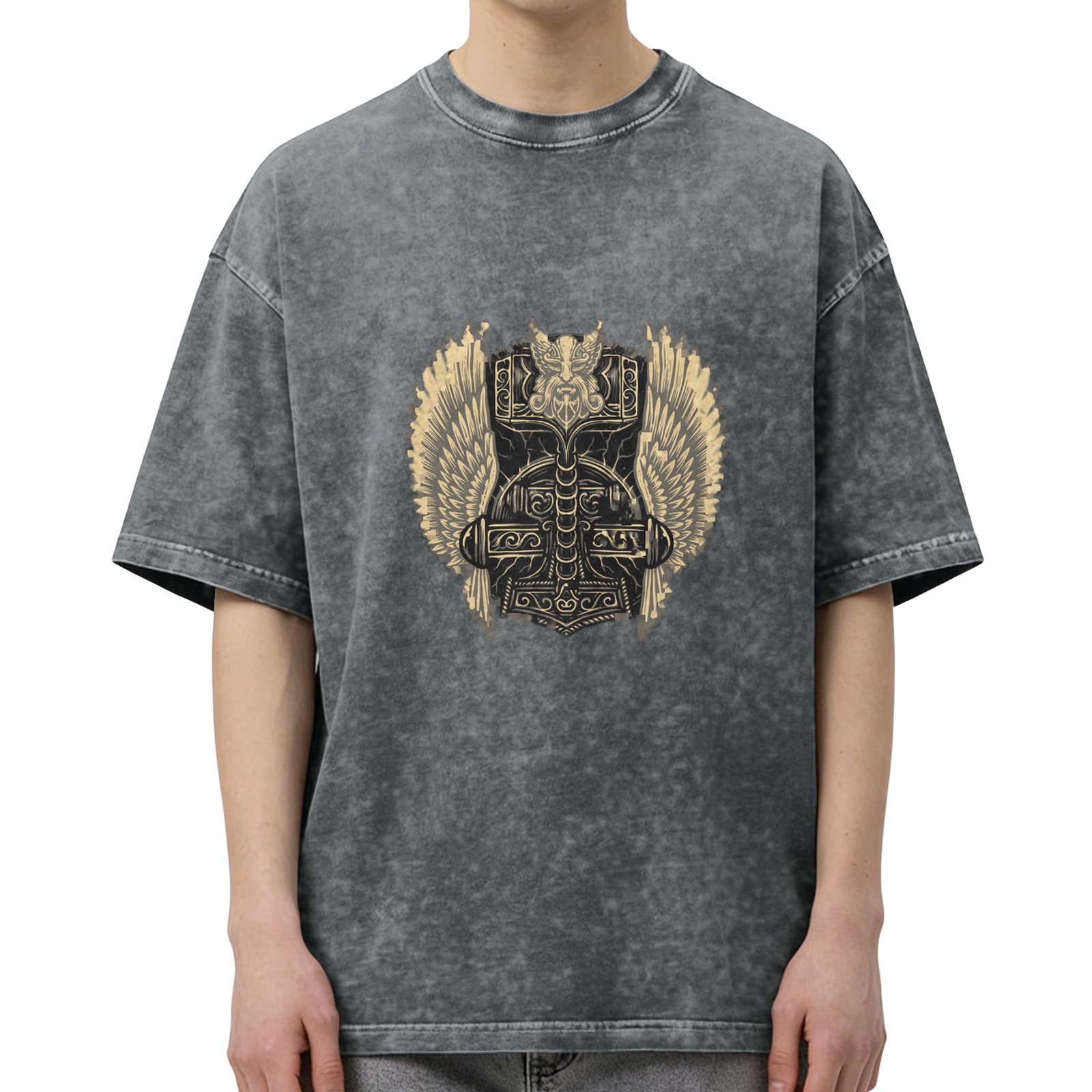 Viking Mjolnir Hammer Graphic Stonewashed Black T-Shirt