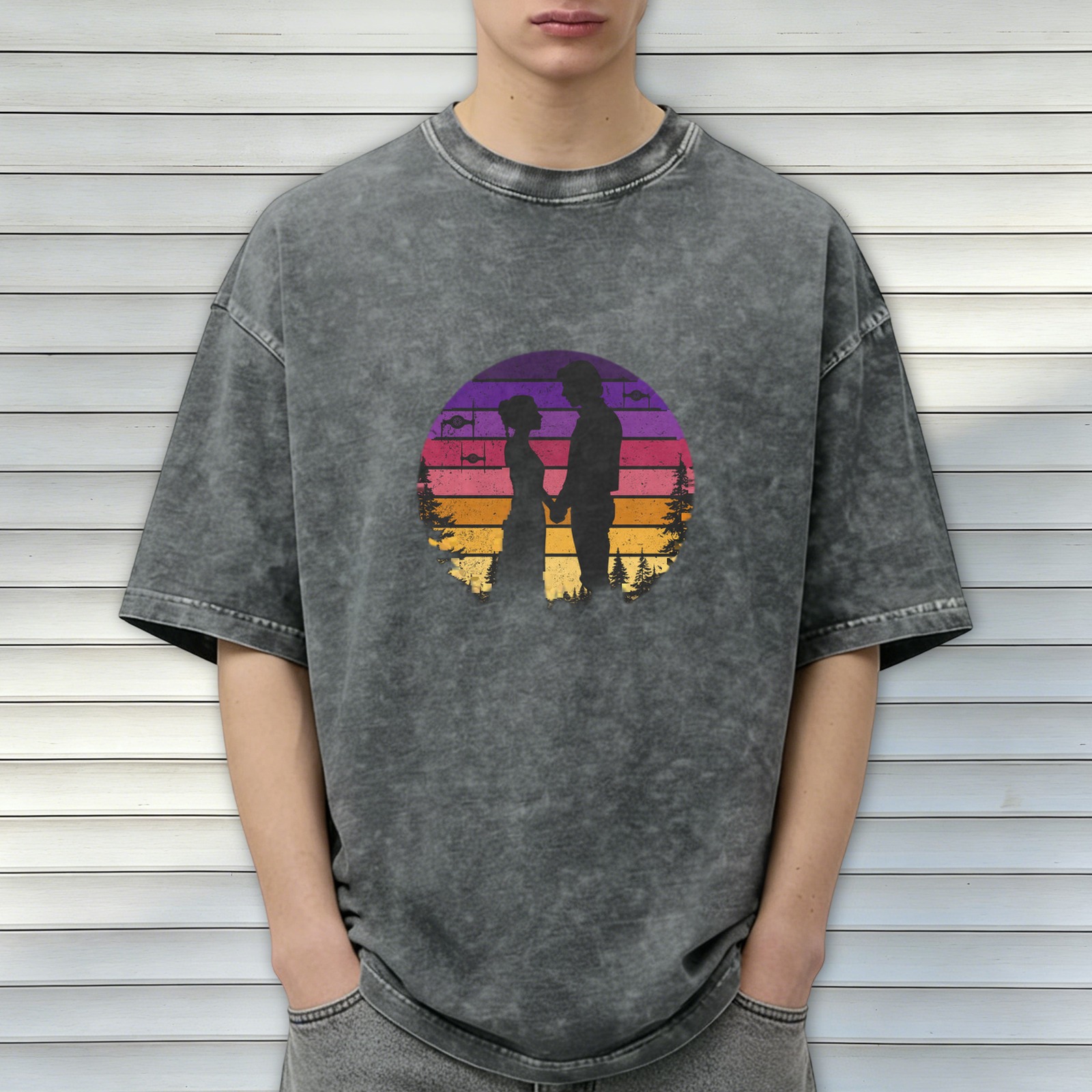 Washed Black T-Shirt with Retro Sunset Couple Silhouette Graphic