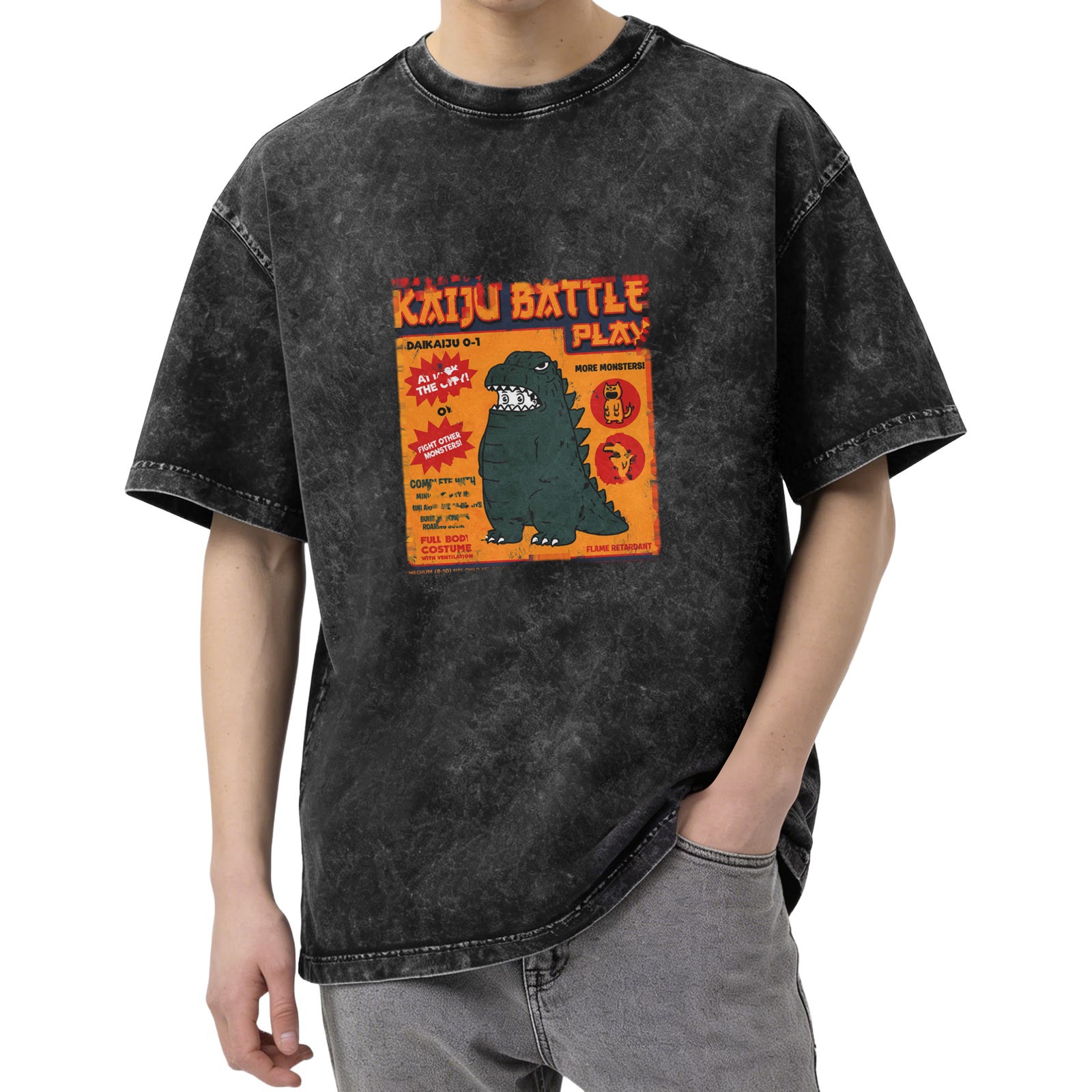 Kaiju Battle Play Graphic Oversized Acid Wash T-Shirt