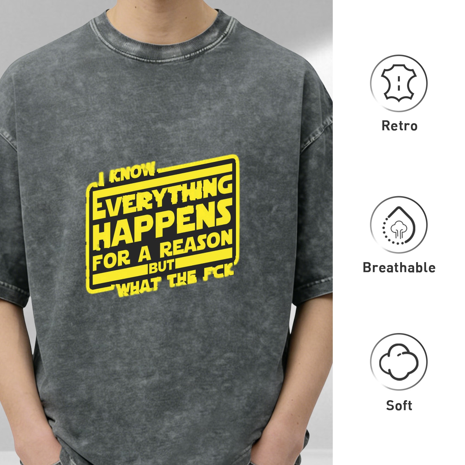 Washed black graphic t-shirt with 'I know everything happens for a reason but what the fck' text