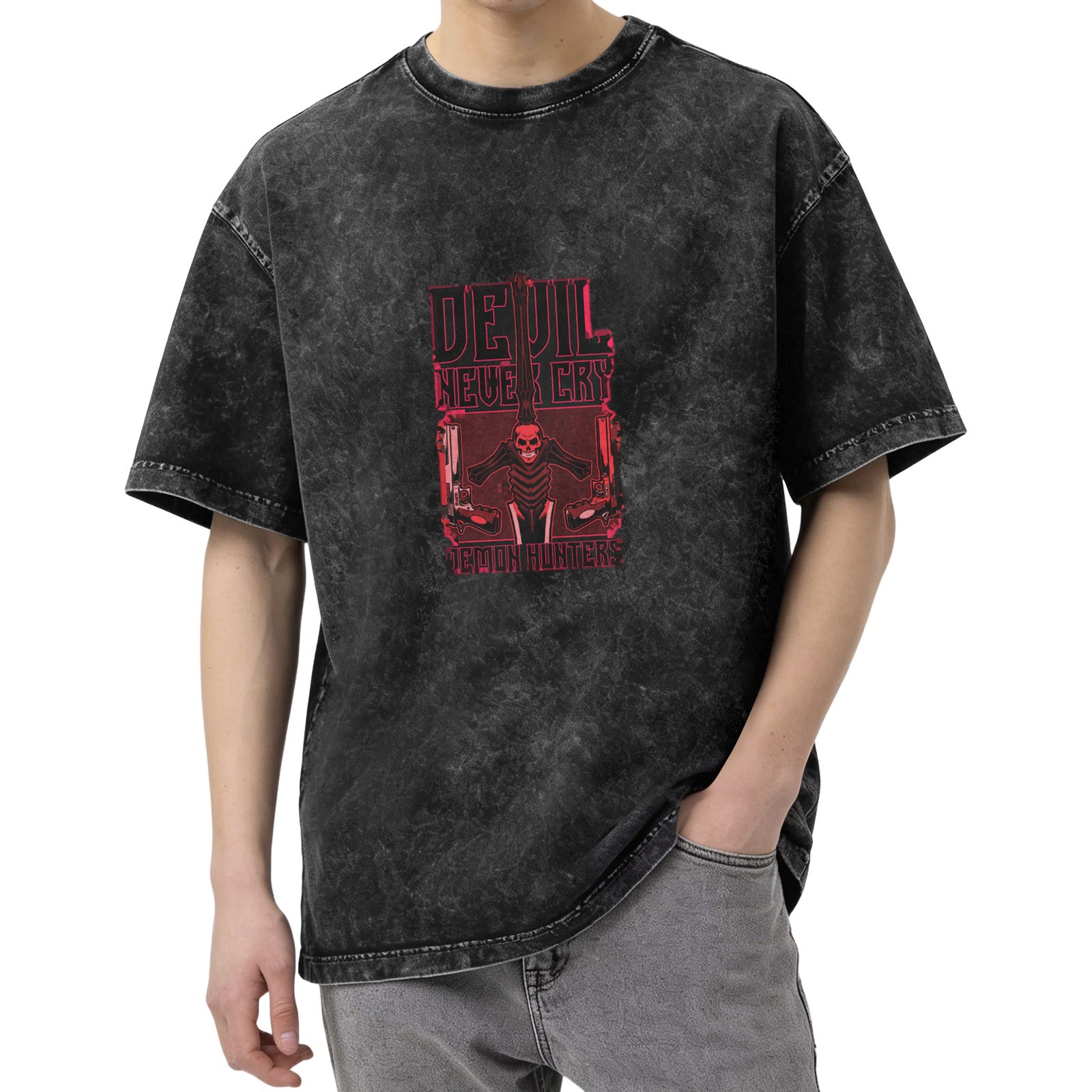 Devil Never Cry Demon Hunters Graphic Stonewashed Black T-Shirt