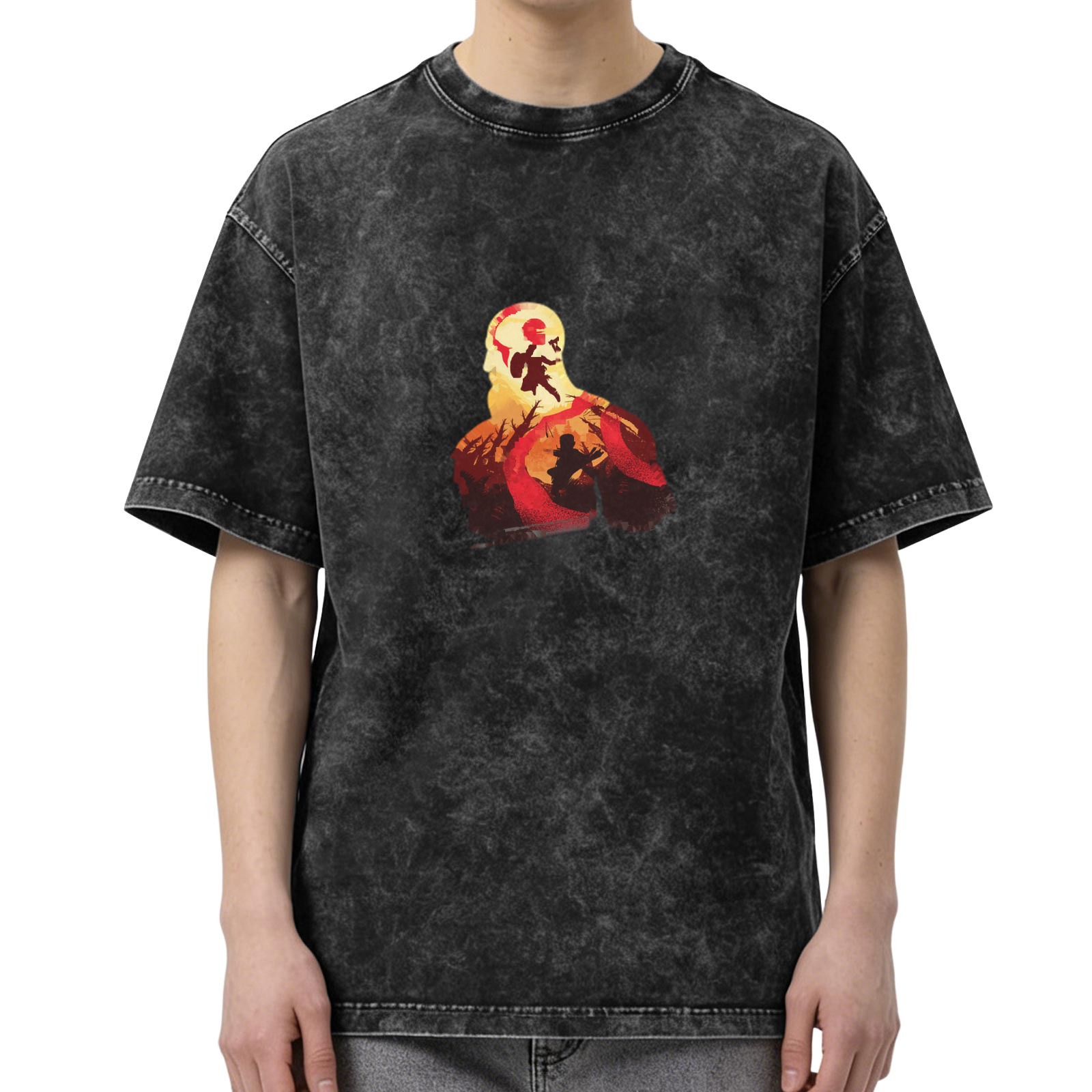 Distressed black printed short-sleeved T-shirt