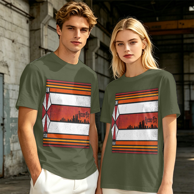 Olive T-Shirt With Retro Striped City Skyline Graphic Print