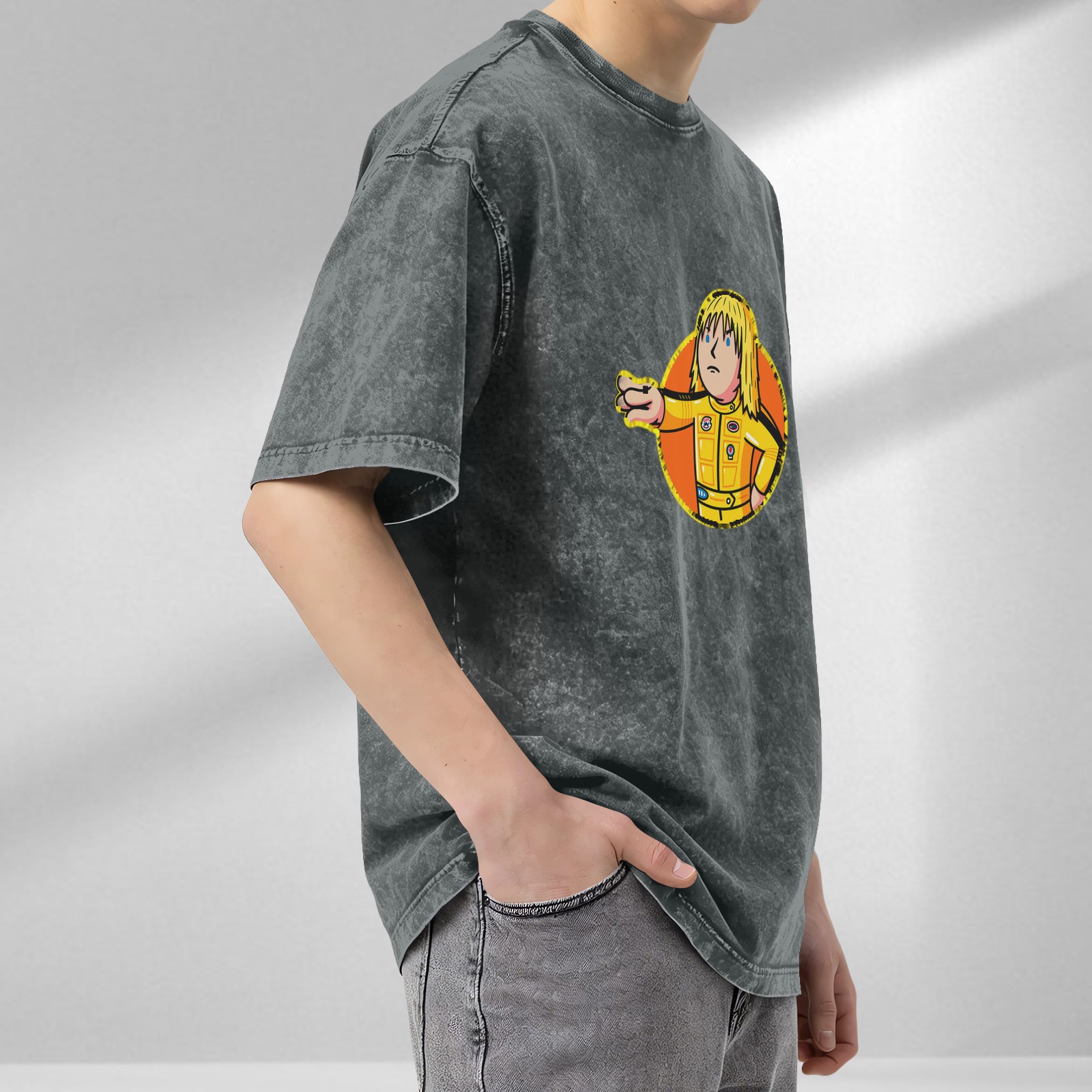 Oversized dark washed t-shirt with cartoon action figure graphic