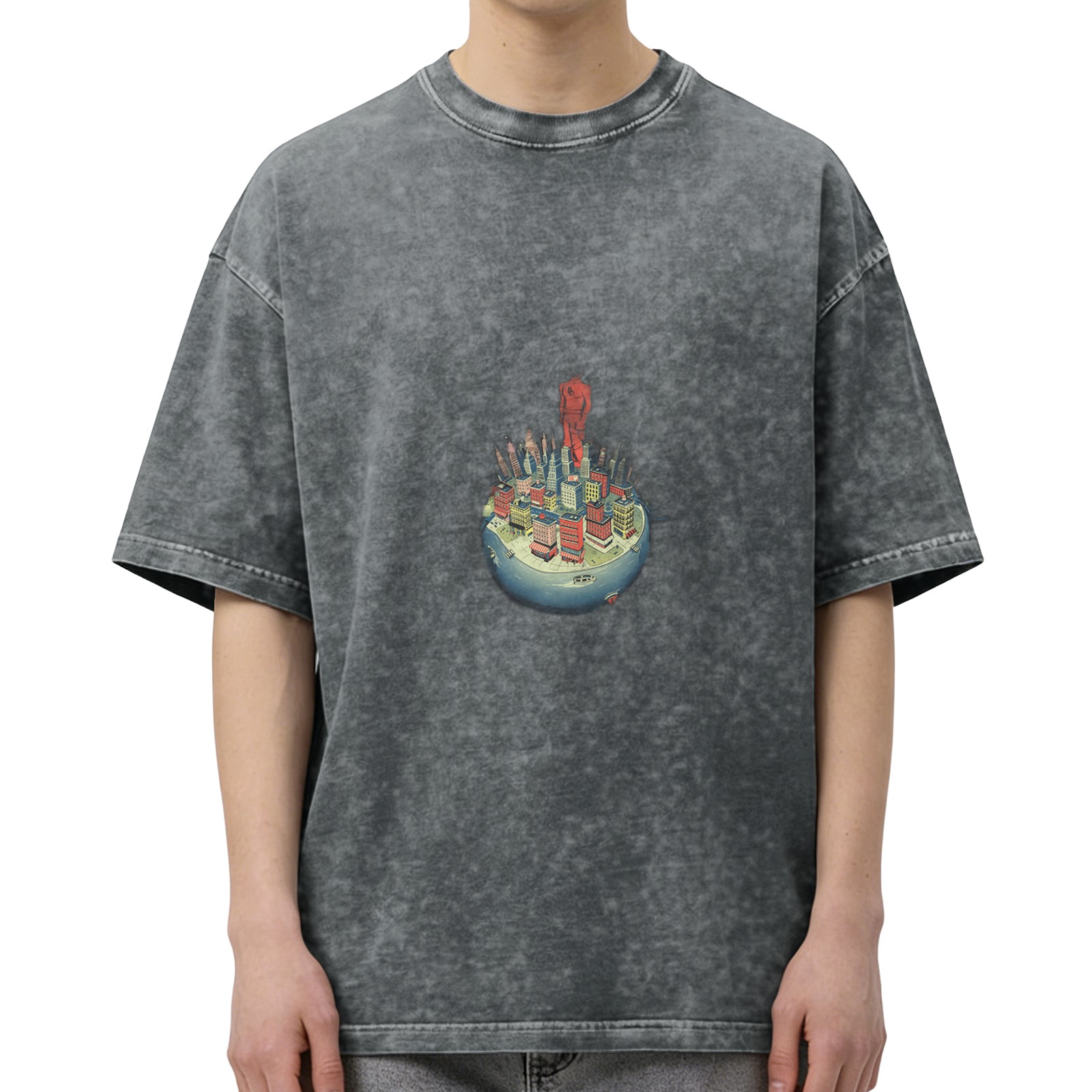 Oversized Acid Wash T-Shirt With Mini City And Red Figure Print