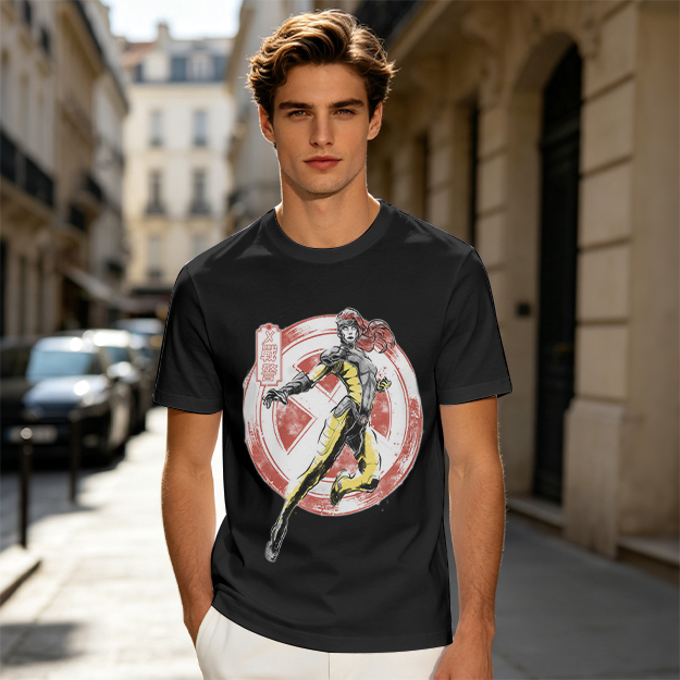 Olive T-shirt with X-Men style superhero graphic print