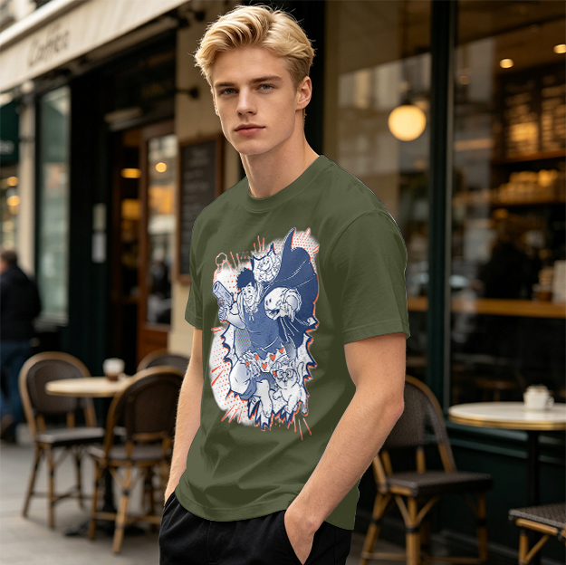 Olive T-Shirt with Playful Comic Style Character Print