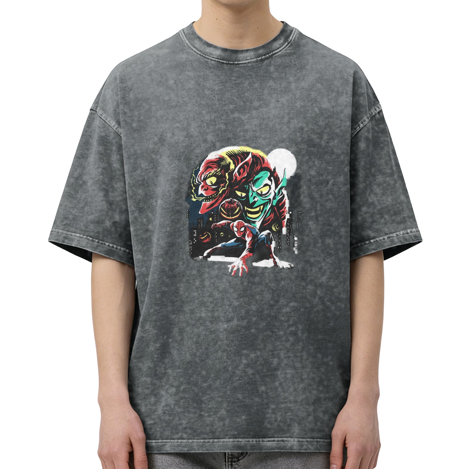 Oversized Acid Wash T-Shirt with Spider-Man and Green Goblin Graphic