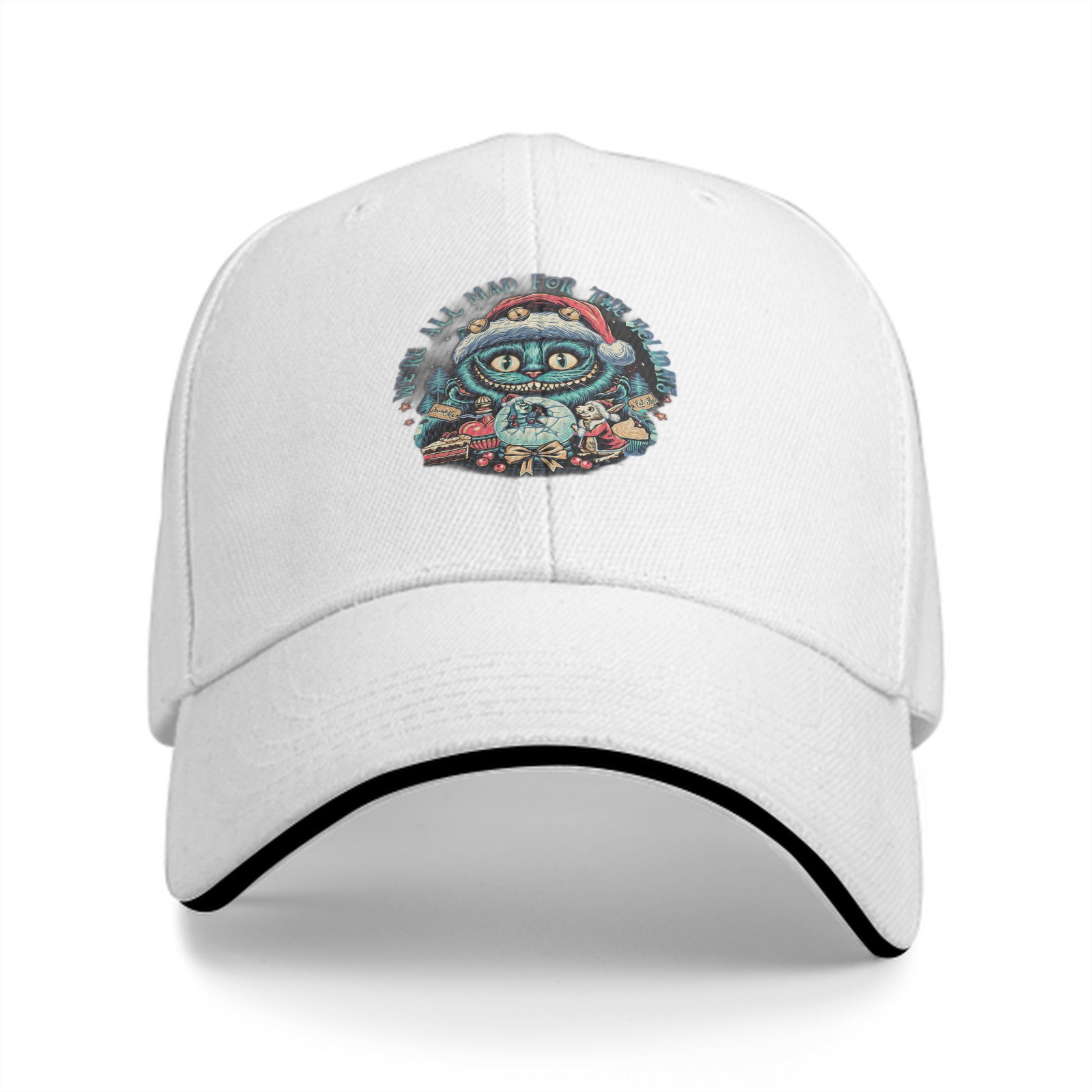 Black Baseball Cap With Cheshire Cat Holiday Christmas Print