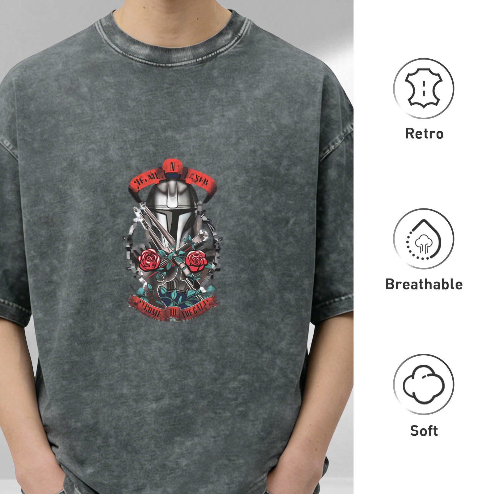 Washed Black T-Shirt With Mandalorian Helmet And Roses Graphic