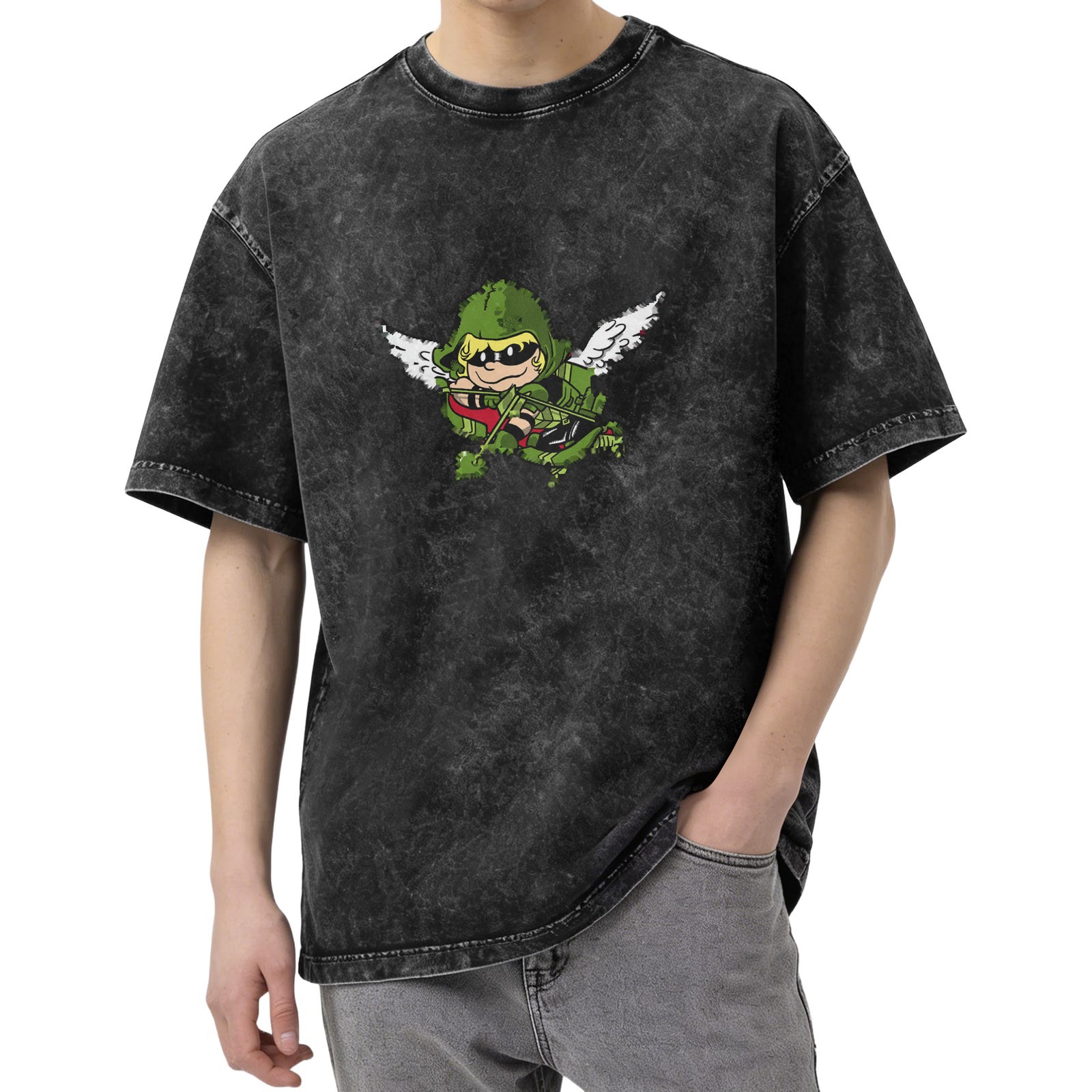 Washed Black T-Shirt With Chibi Green Arrow Angel Print