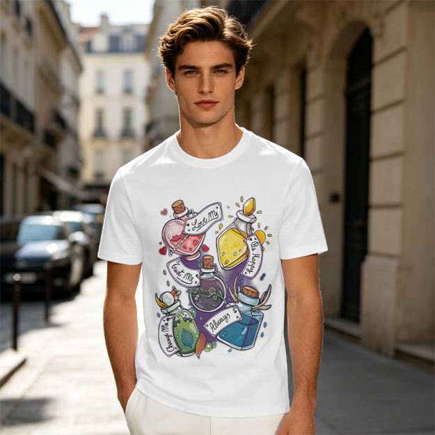 Olive T-Shirt With Magical Potion Bottles Graphic Design