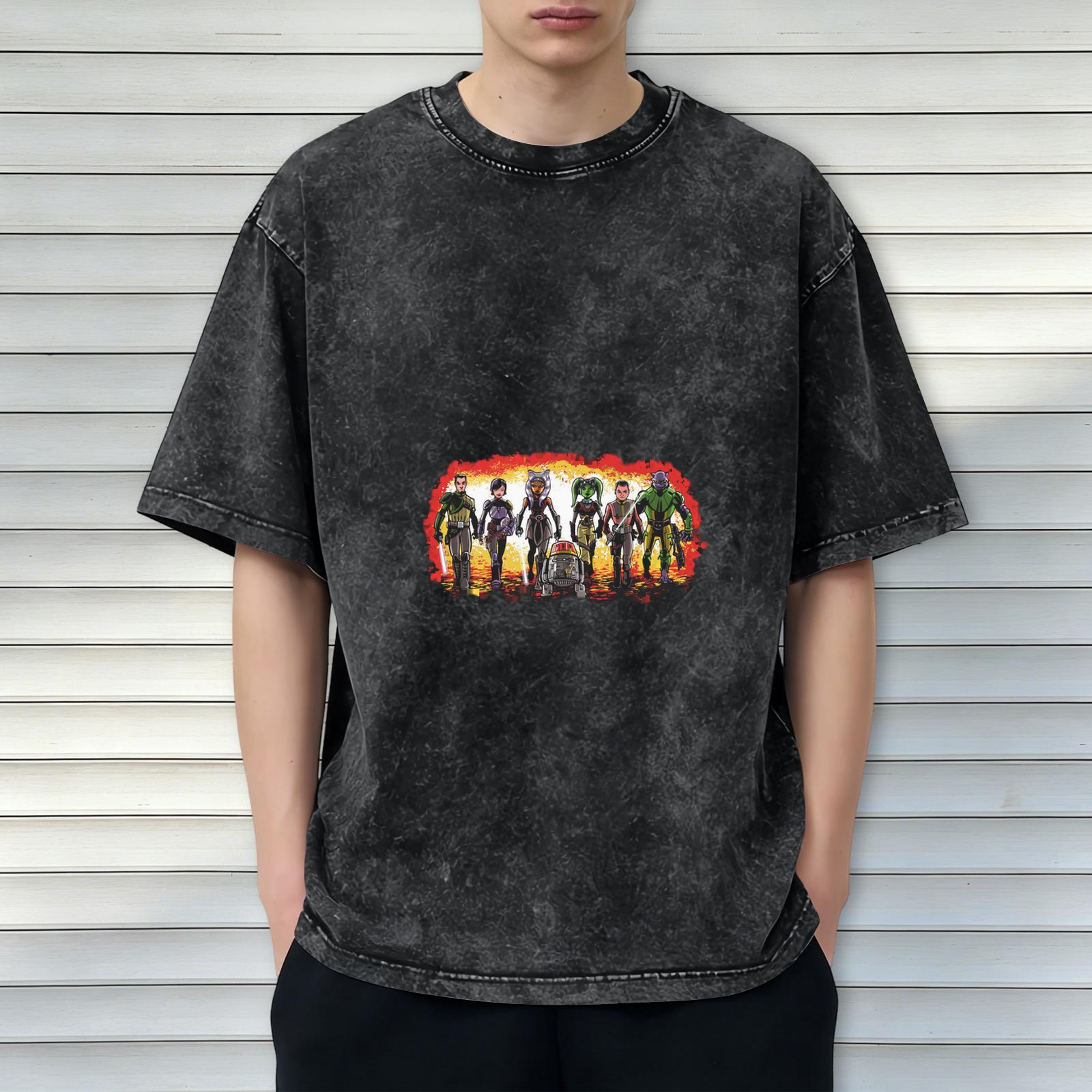 Star Wars Rebels themed distressed short-sleeved T-shirt, retro washed black loose style