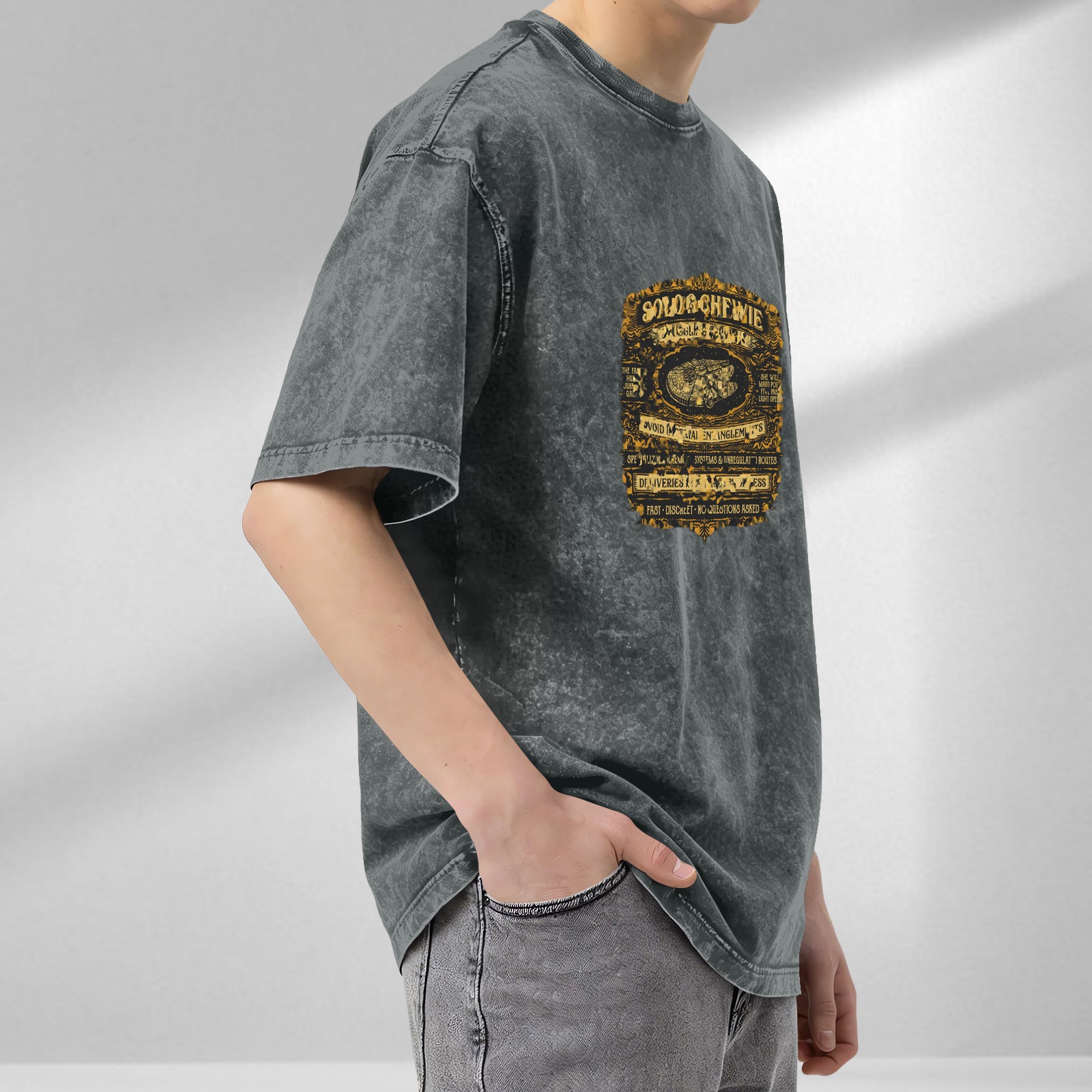 Distressed washed black retro-style printed short-sleeved T-shirt