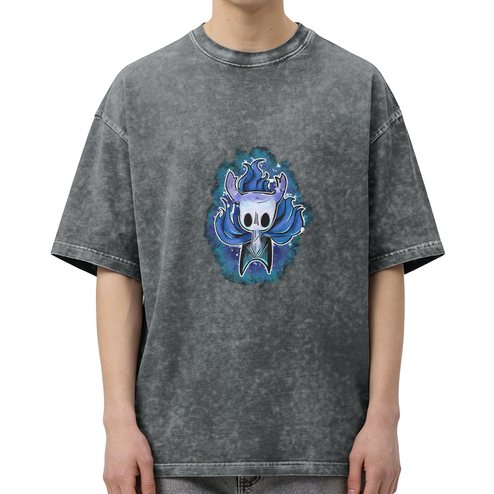 Oversized Dark Wash T-Shirt With Hollow Knight Themed Artwork