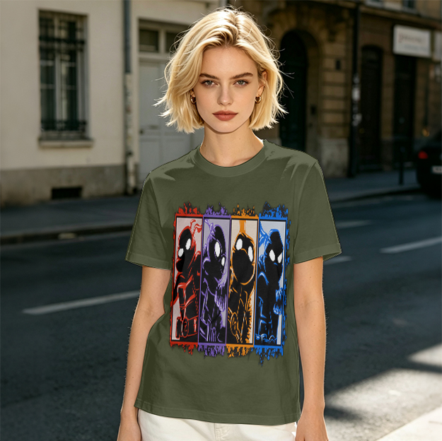 Olive T-Shirt With Four Superhero Silhouette Panels