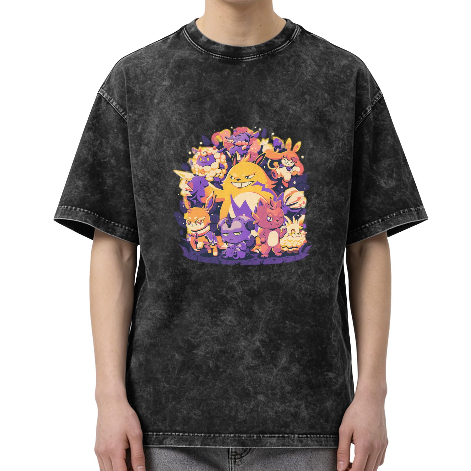Washed Black T-Shirt With Cute Fantasy Creature Group Graphic Print