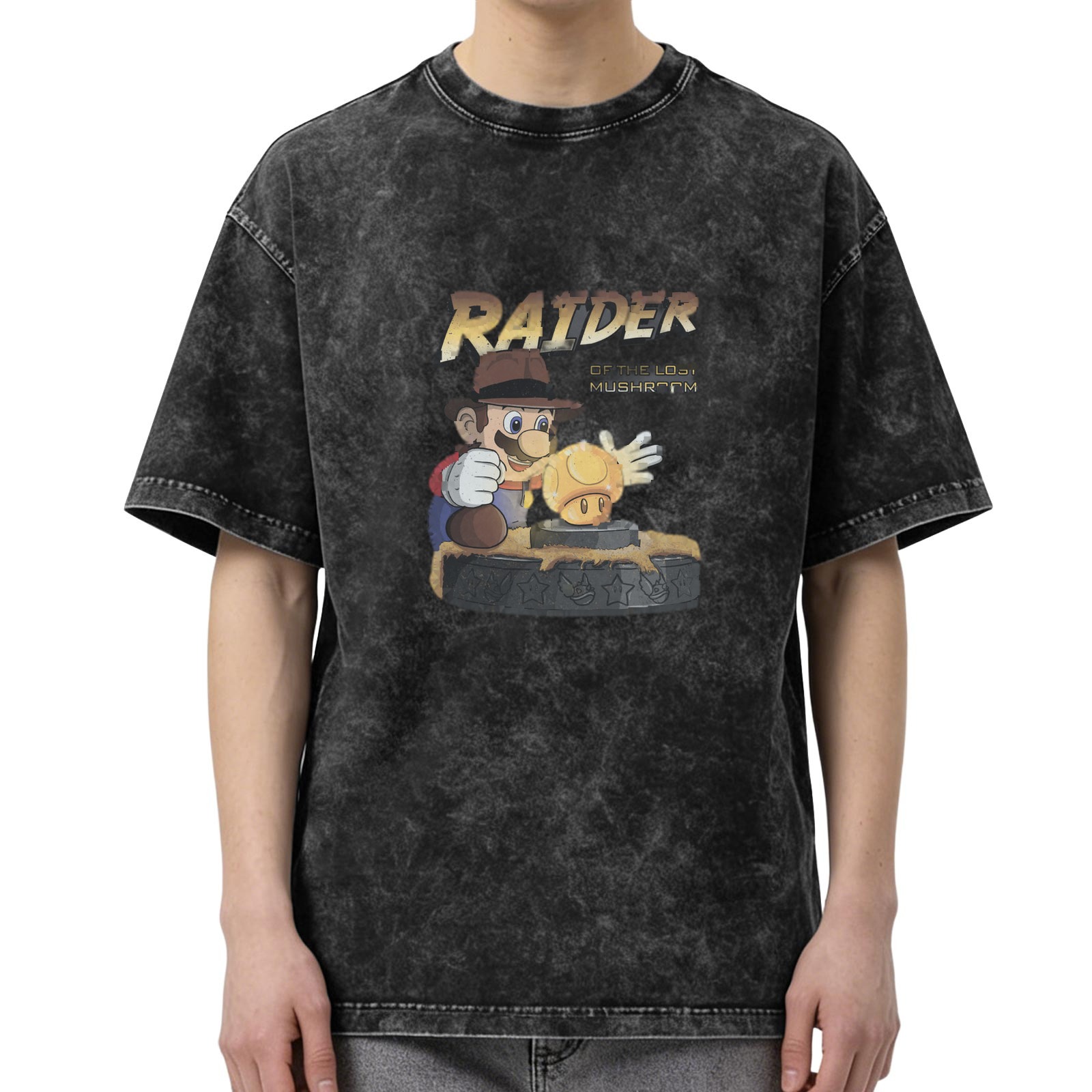 Vintage Washed Black Short Sleeve T-Shirt with 'Raider of the Lost Mushroom' Mario Graphic Print