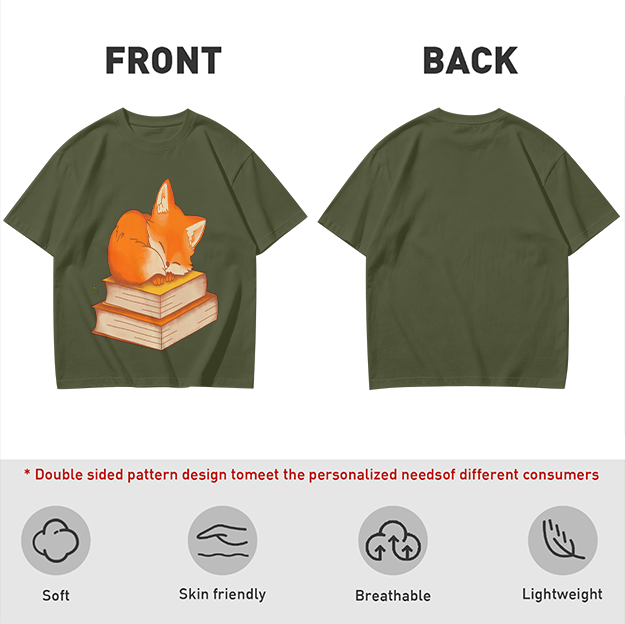 Olive T-Shirt With Sleeping Fox On Stacked Books Print
