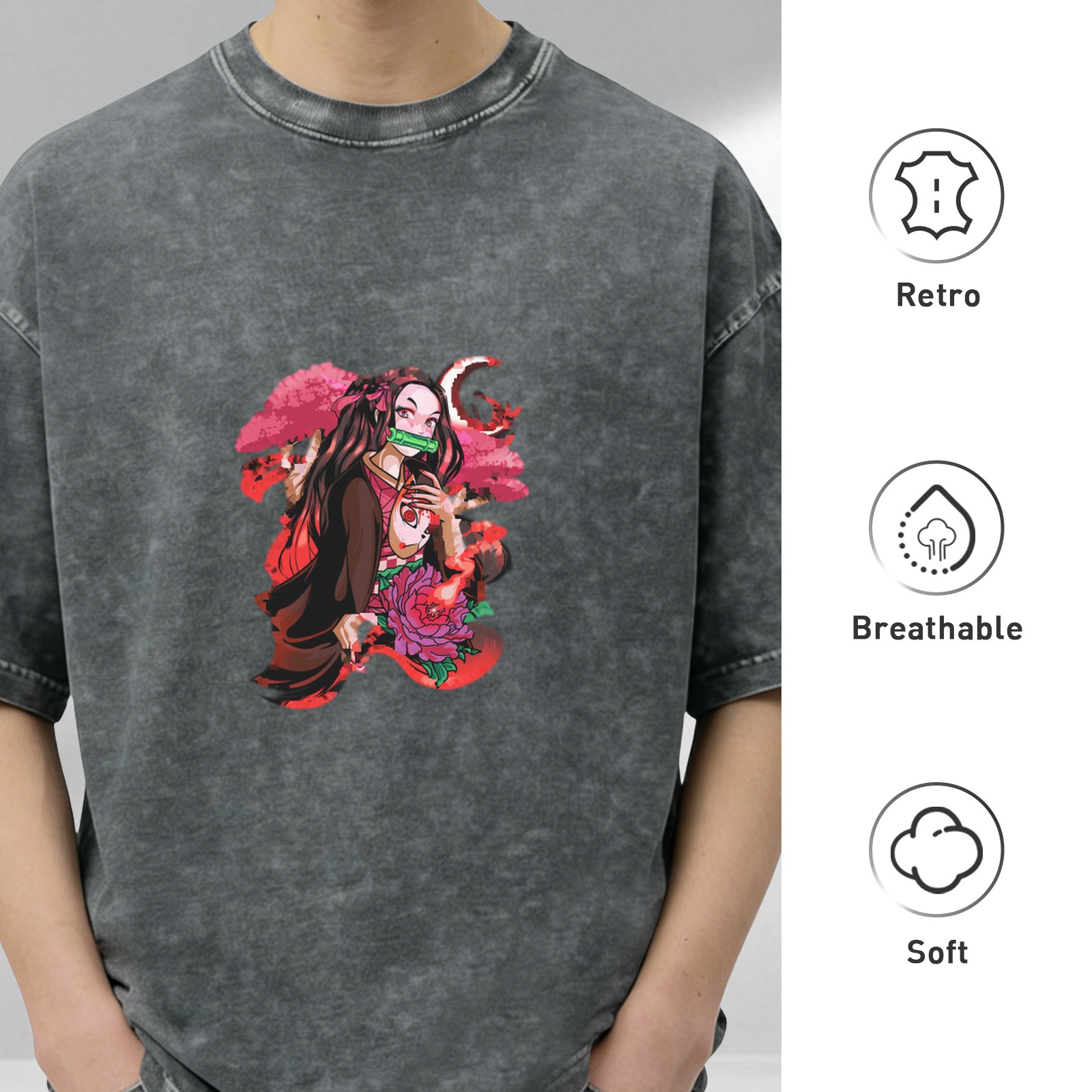 Anime Demon Slayer Nezuko Kamado Graphic Oversized Vintage Wash T-Shirt for Men