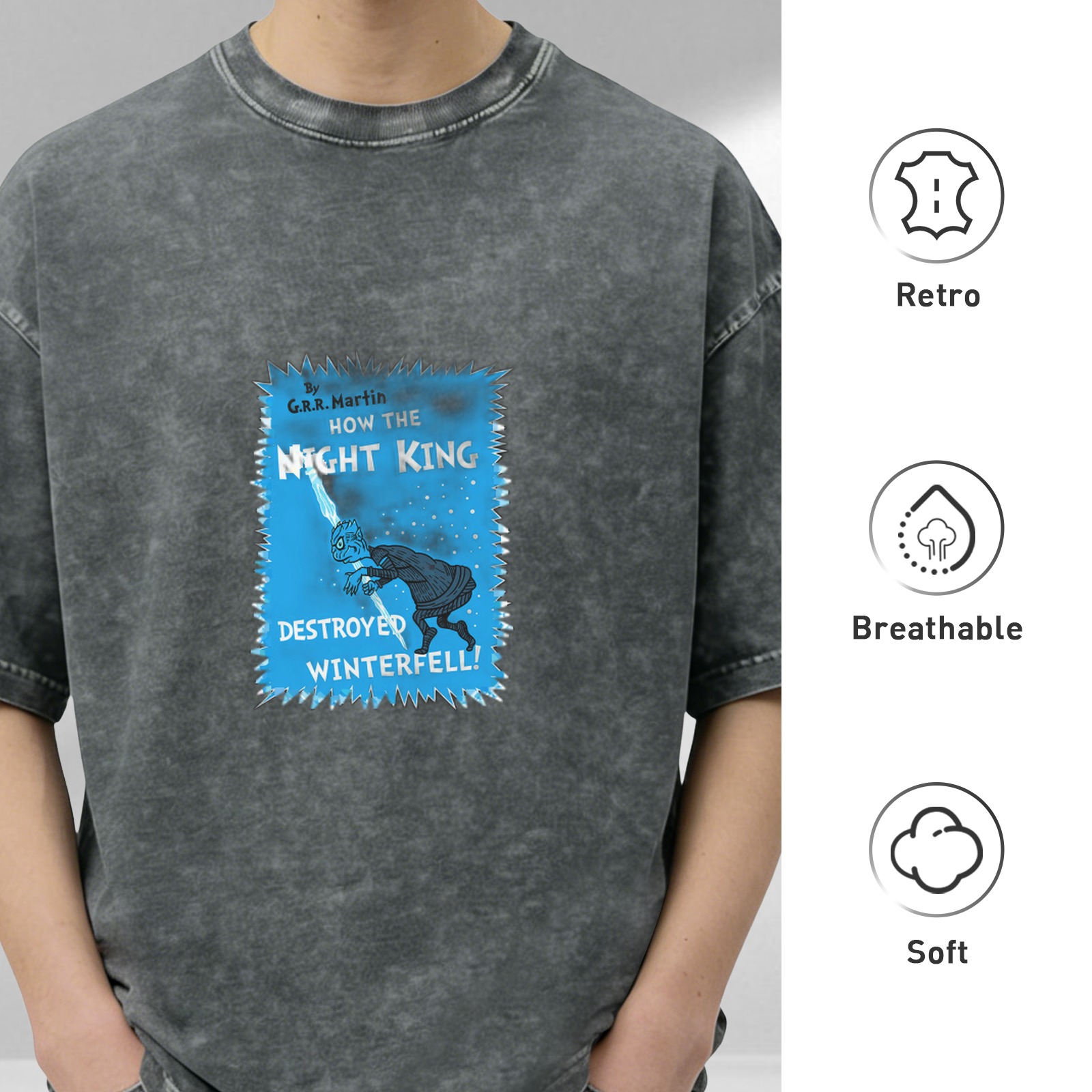 Oversized dark wash t-shirt with Night King Winterfell graphic print