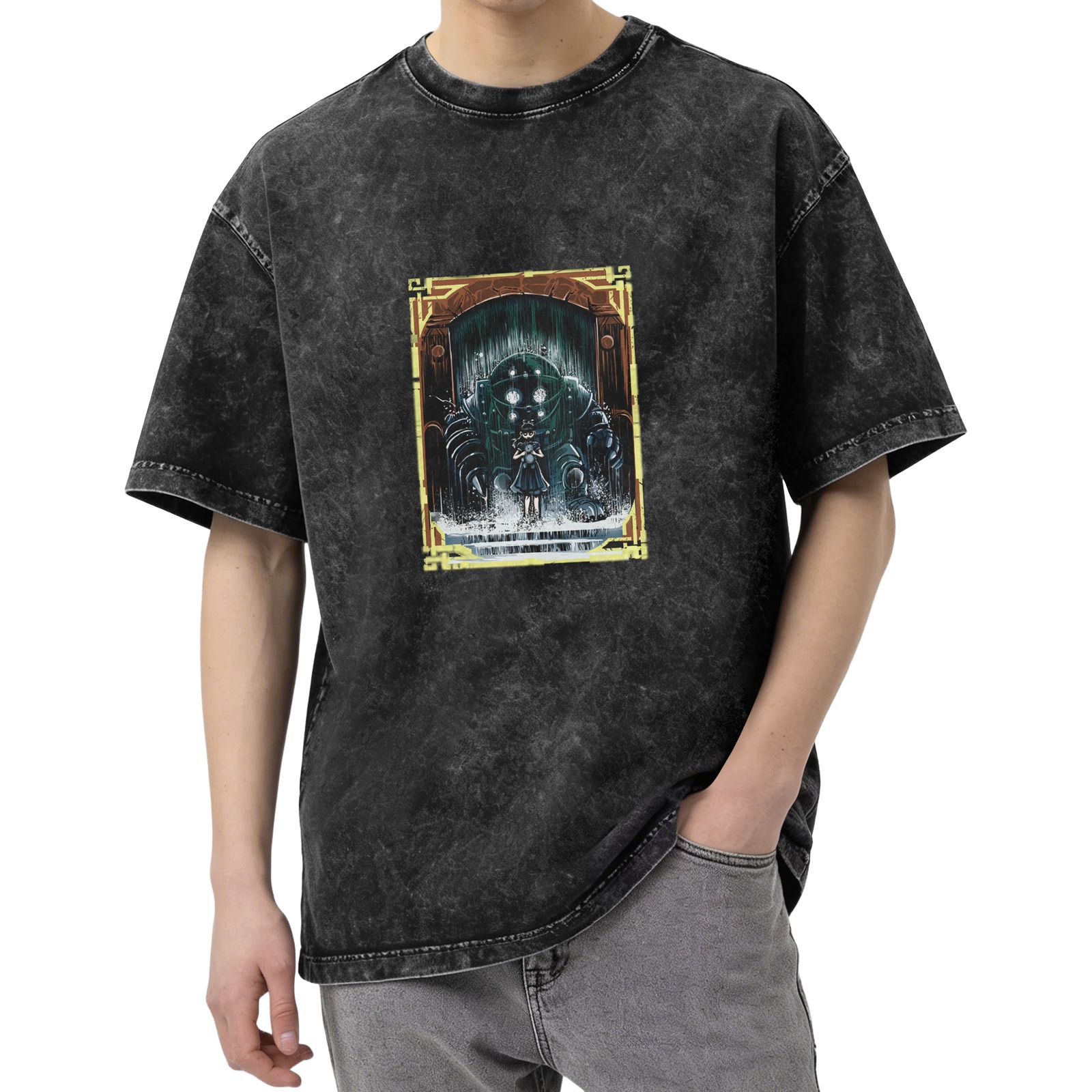 Retro washed black loose short-sleeved T-shirt with BioShock theme print
