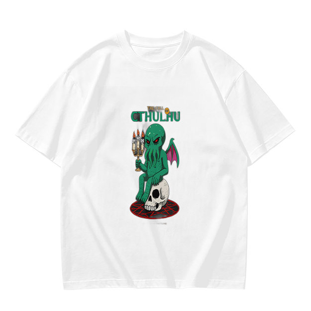 Olive Green Cthulhu Graphic T-Shirt with Skull and Candles