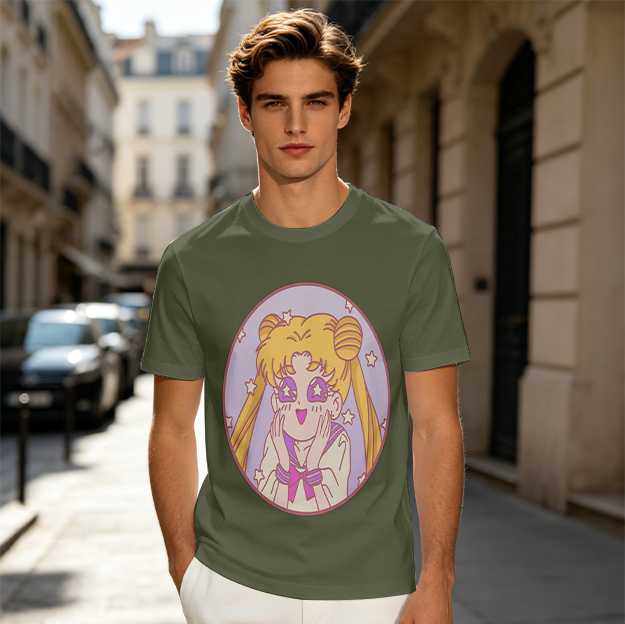Olive T-shirt with excited anime girl star eyes graphic