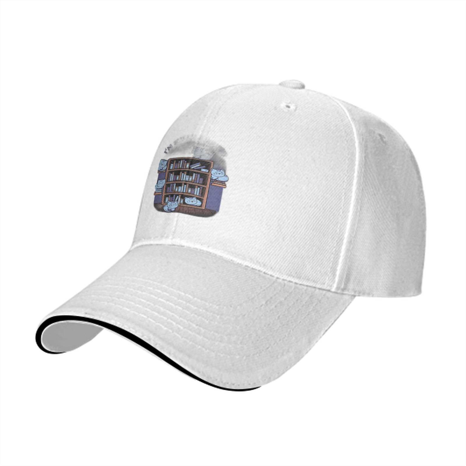 Black baseball cap with cute cats on bookshelf graphic