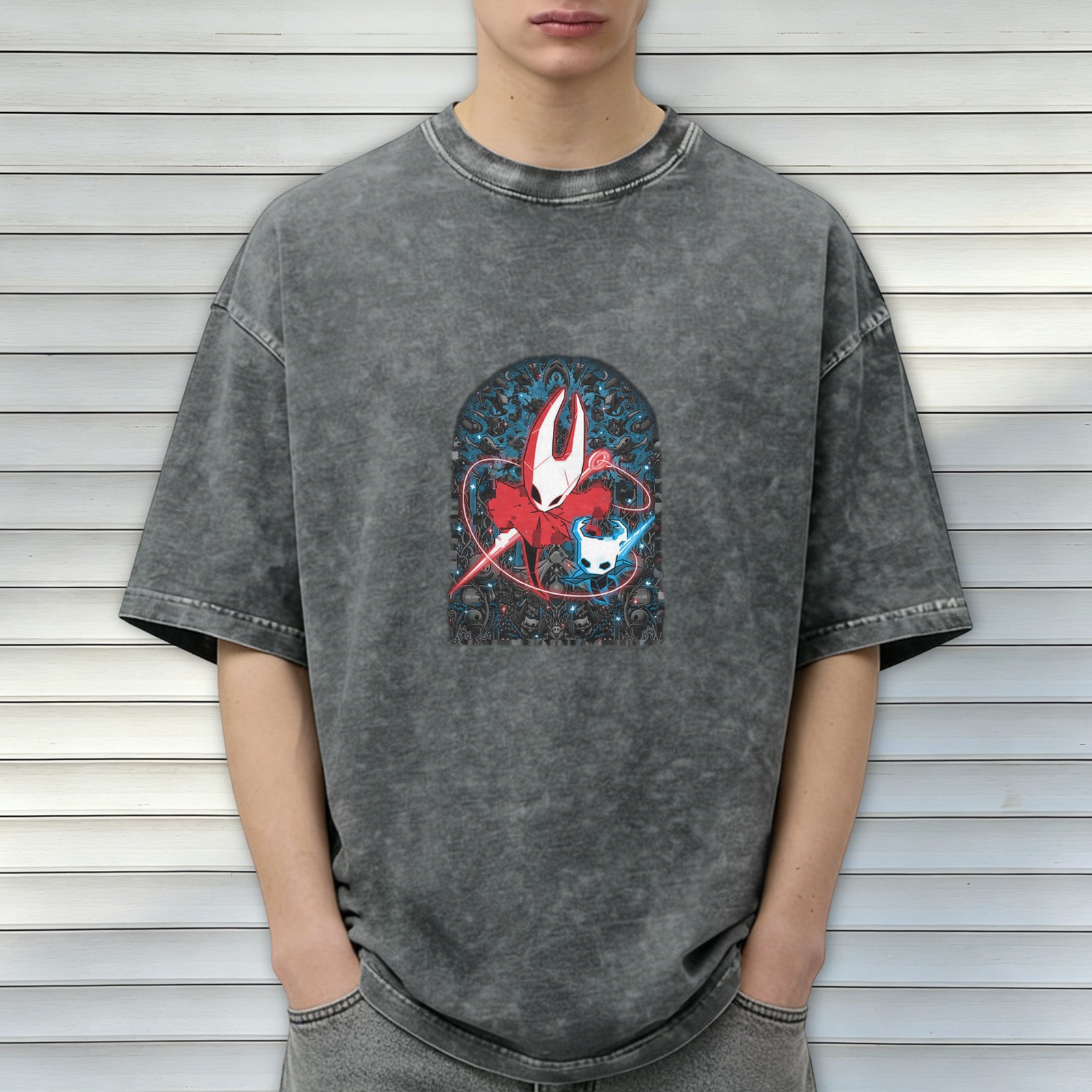 Hollow Knight Themed Dark Wash Graphic T-Shirt