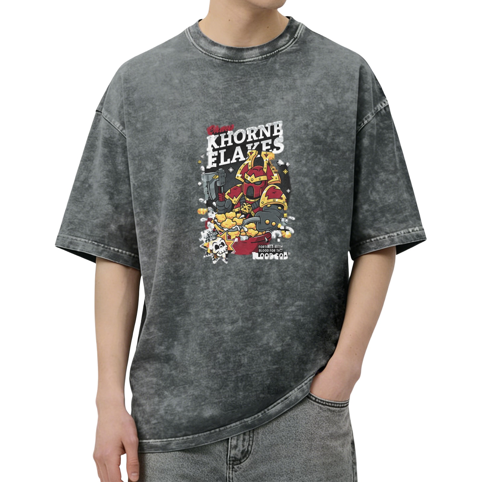 Warhammer 40k Khorne Flakes Parody Graphic Acid Wash T-Shirt