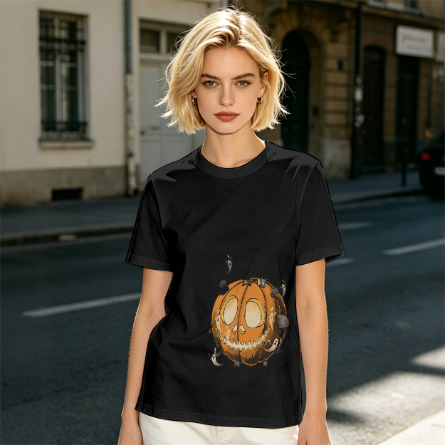 Olive Green T-Shirt With Spooky Halloween Pumpkin Ghost Print