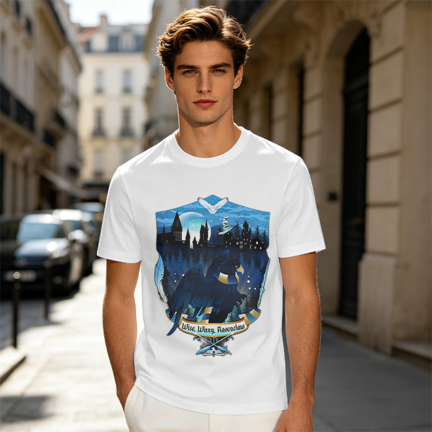 Olive t-shirt with Ravenclaw house crest night castle design