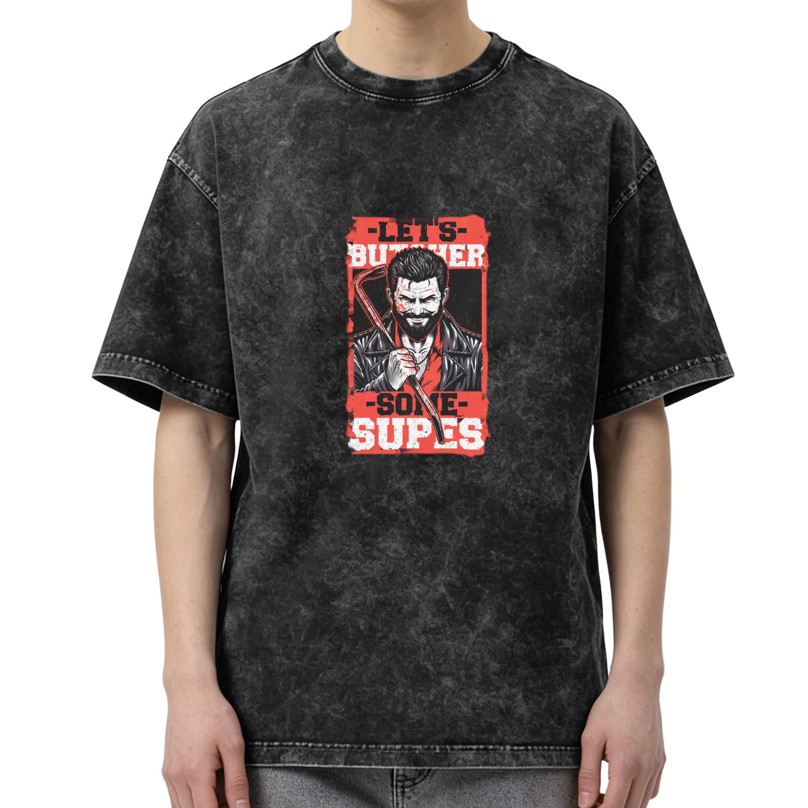 Washed black graphic t-shirt with let's butcher some supes design