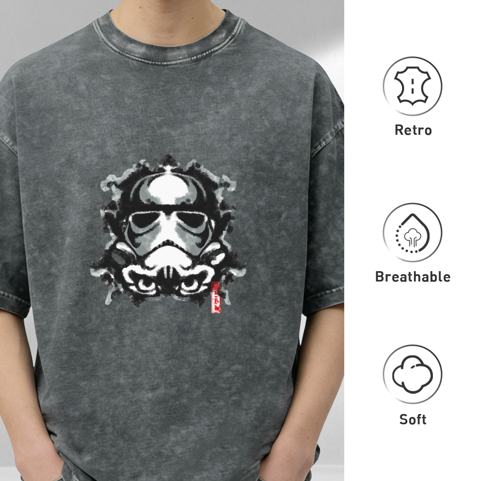 Washed Black T-Shirt with Samurai Stormtrooper Graphic Print
