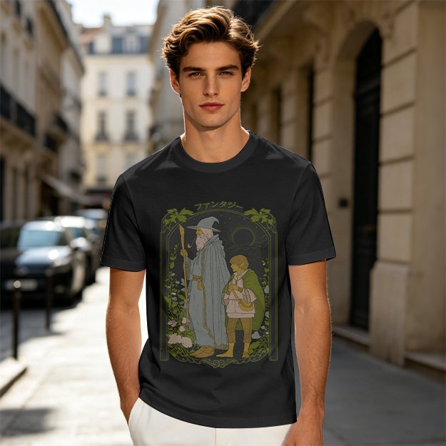 Olive T-Shirt with Wizard and Hobbit Fantasy Art Print