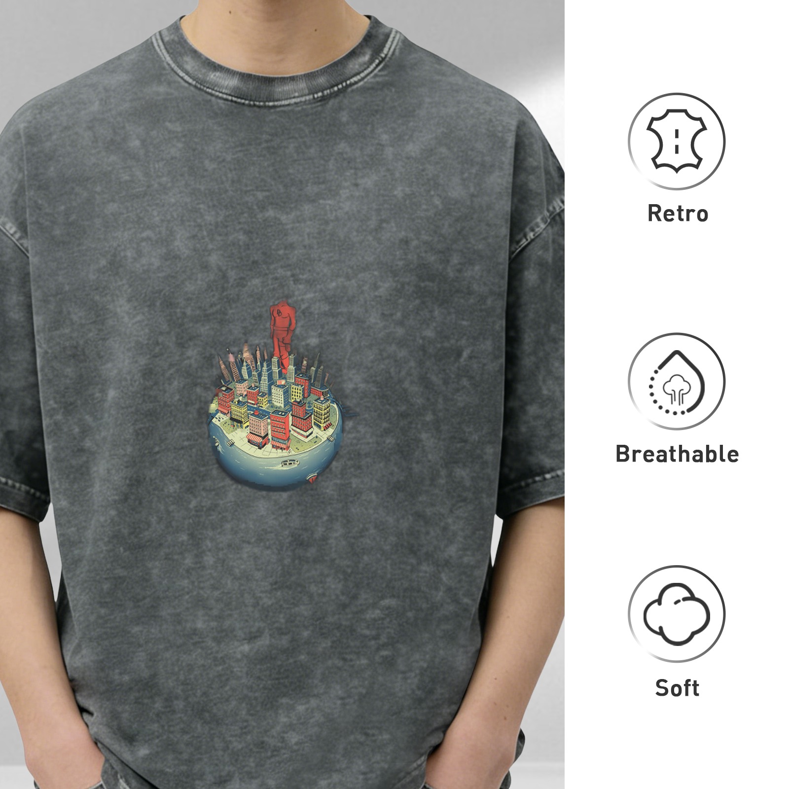 Oversized Acid Wash T-Shirt With Mini City And Red Figure Print