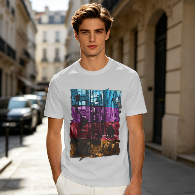 Olive T-Shirt With Vibrant Neon City Alley Graphic Print