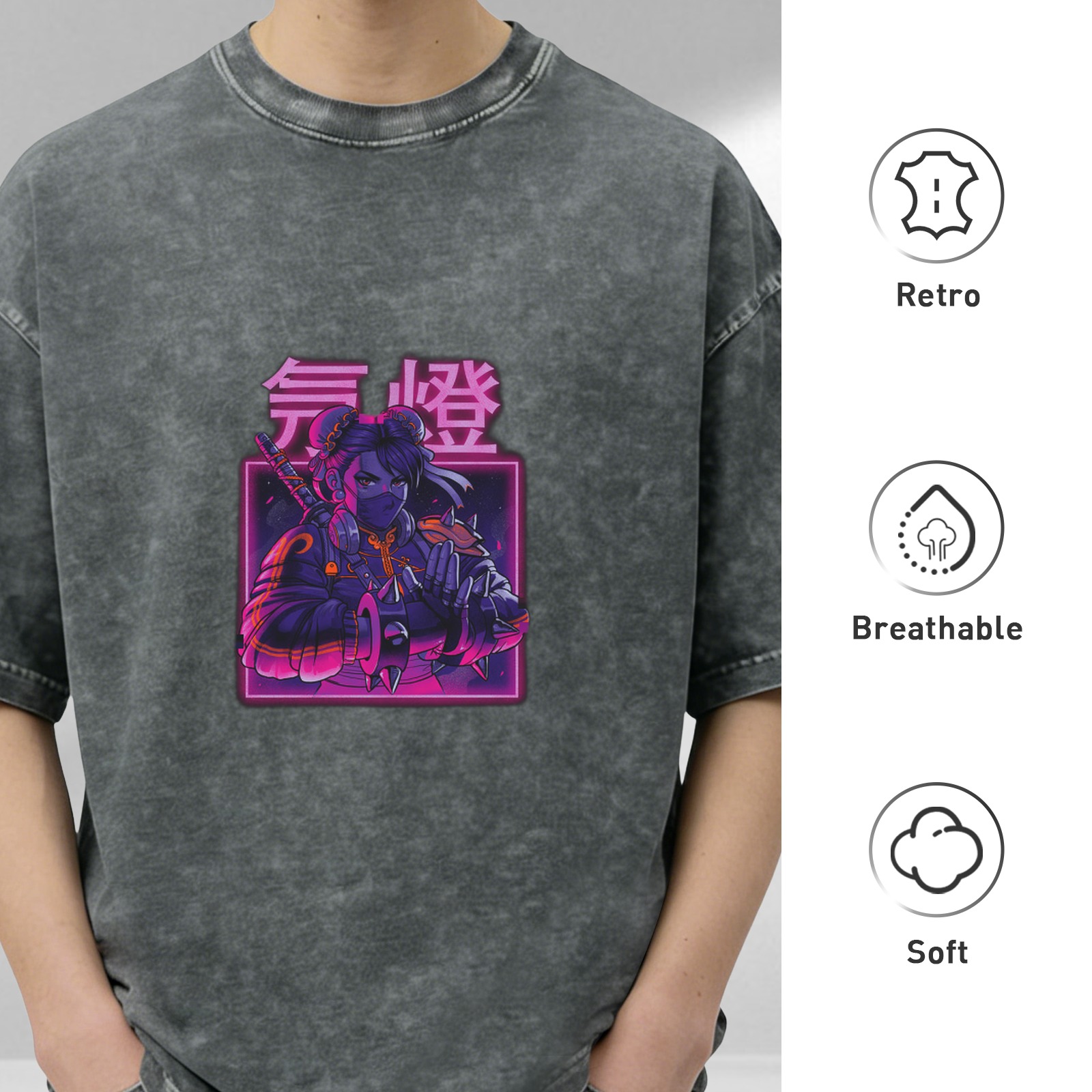 Distressed washed black loose short-sleeved T-shirt Cyberpunk style anime ninja print Japanese text design Street fashion casual top