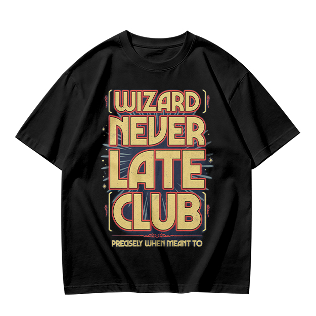 Olive t-shirt with Wizard Never Late Club graphic print
